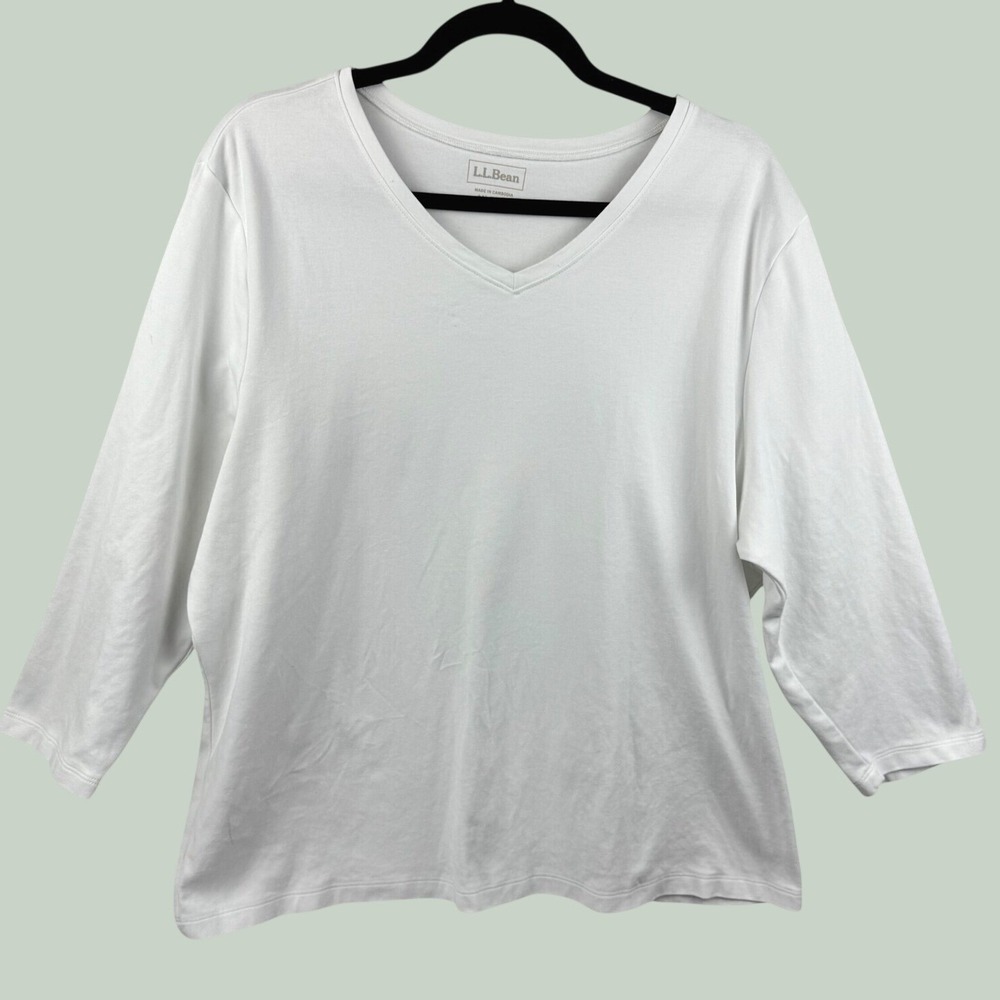 L.L.Bean V-Neck T-Shirt Women 1X Plus White 3/4 Sleeve Cotton Casual Basic Tee